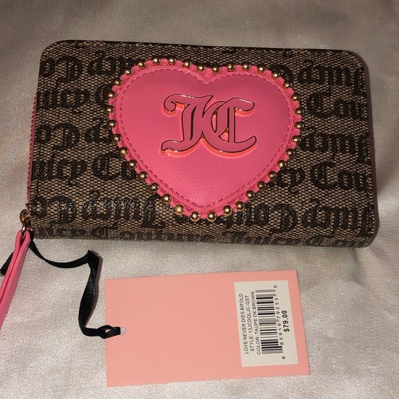 Juicy Couture Taupe Dark Brown Love Never Dies Bifold Wallet Studded Heart NWT - Picture 2 of 16